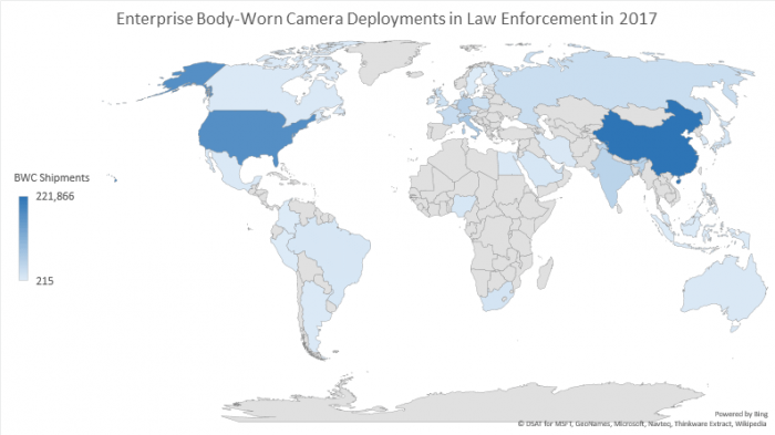 Law Enforcement Body Worn Camera Shipments in 2017 Global map of body-worn camera deployed in law enforcements