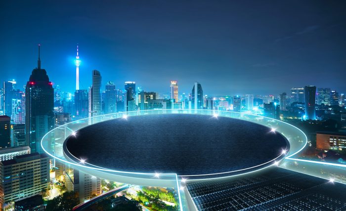 Round stage floating on the center of city skyline with urban skyscrapers at sunset. Mixed media .