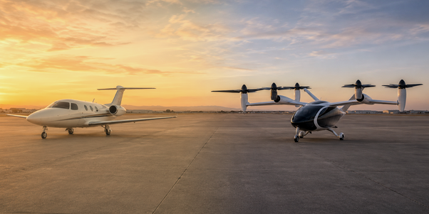 Comparison of a very light jet and a passenger eVTOL aircraft illustrating the similarities between the VLJ boom and today's passenger eVTOL market.