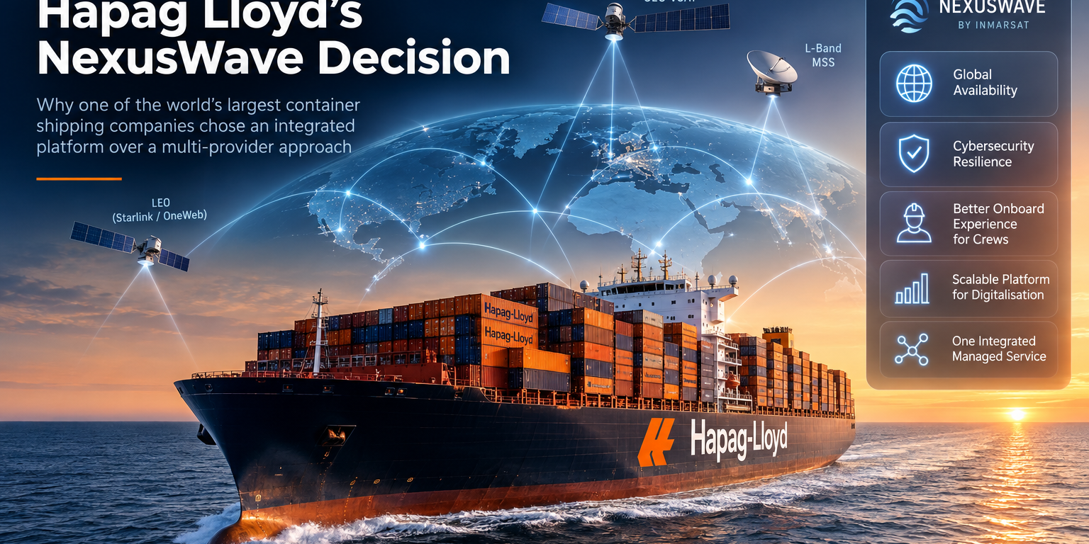 ChatGPT Image Aug 6, 2026, 08_59_15 AM Hapag Lloyd container ship illustrating the company's decision to adopt Inmarsat NexusWave hybrid maritime connectivity across its fleet
