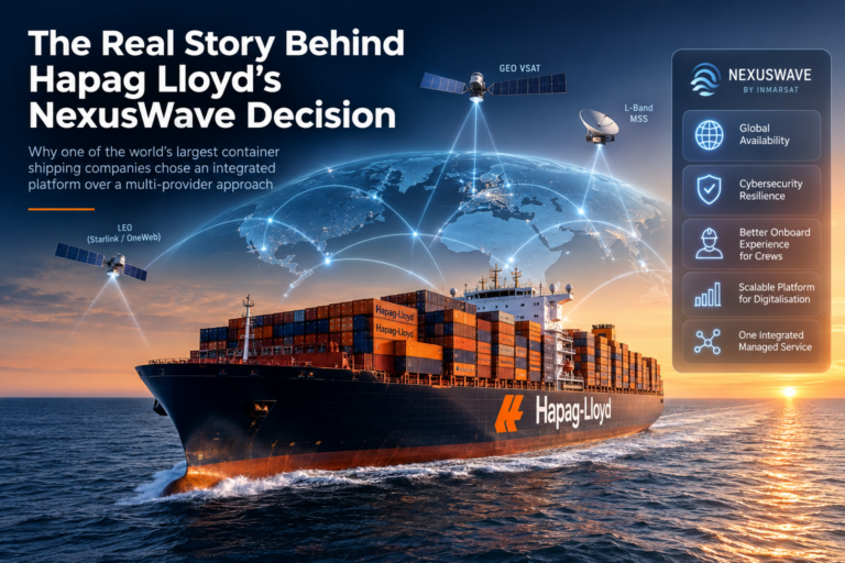 Hapag Lloyd container ship illustrating the company's decision to adopt Inmarsat NexusWave hybrid maritime connectivity across its fleet