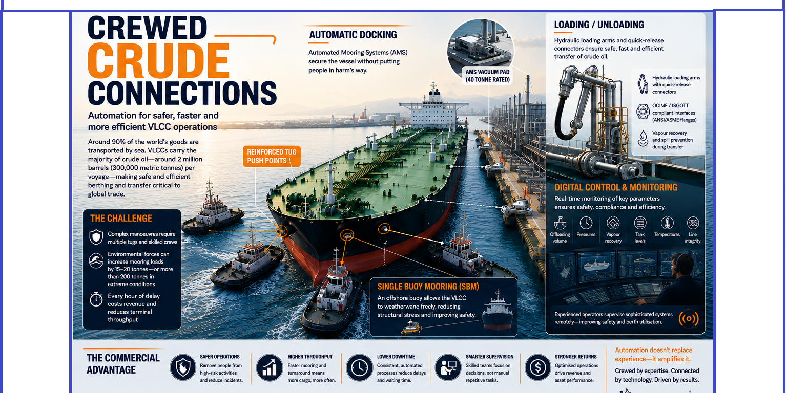 Crewed Crude Connections – Border Automated crude oil loading terminal illustrating maritime automation and digital shipping