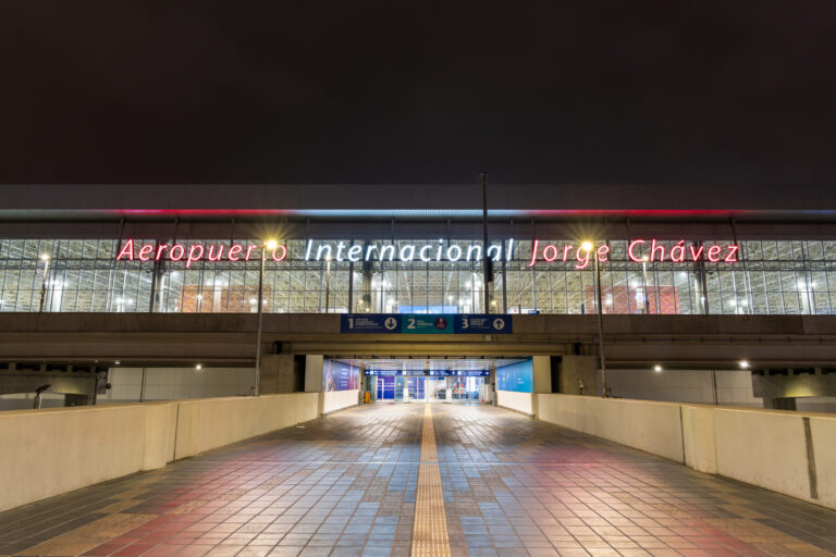 Jorge Chavez International Airport at night in Lima, Peru