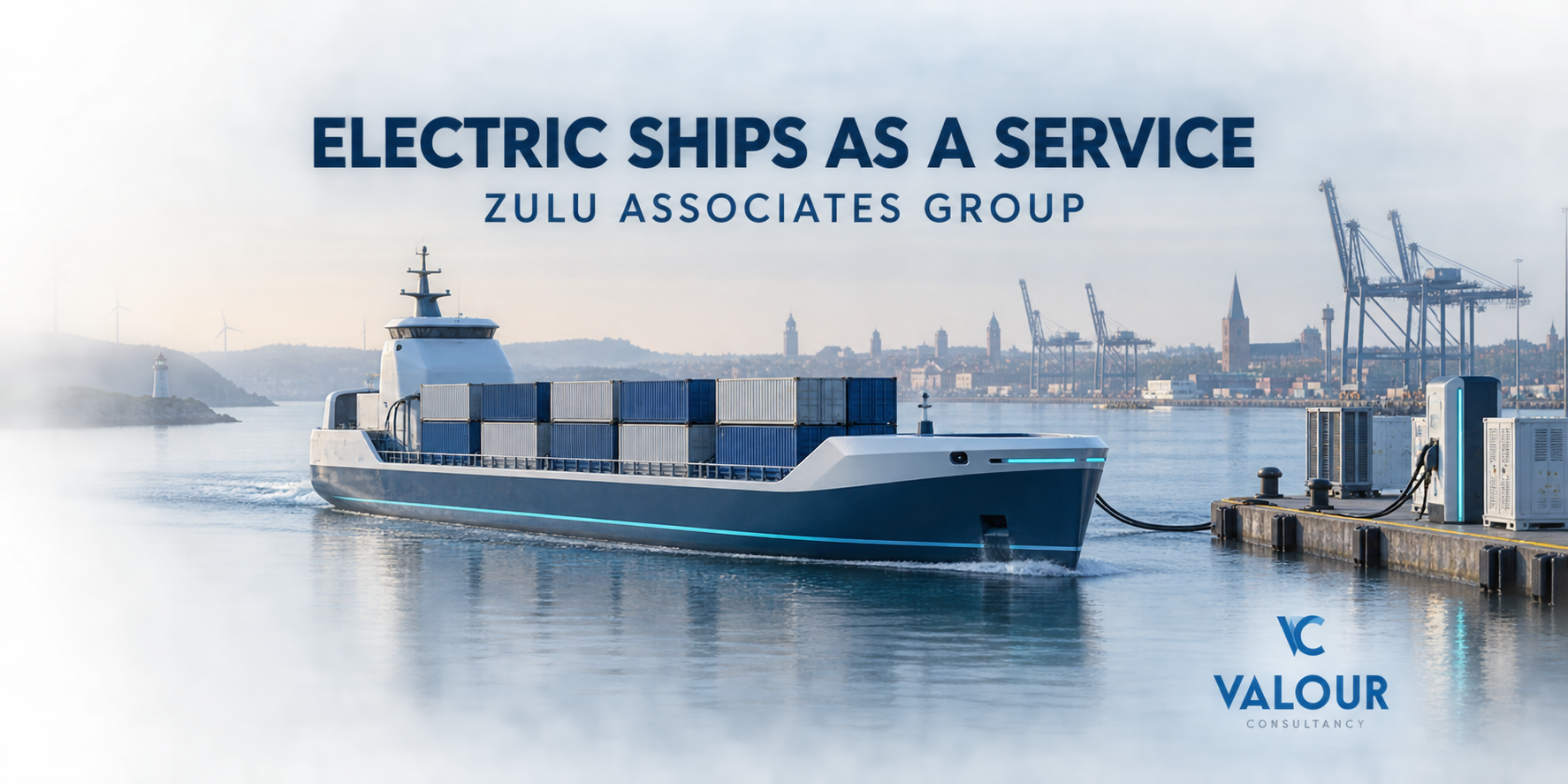 Electric Ships as a Service Concept graphic of electric unmanned container vessel